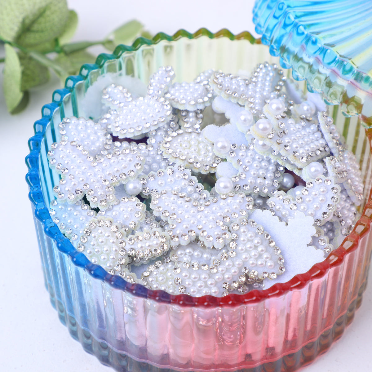 [A] White Rhinestone Pearl Crown Bunny Sticker DIY Craft