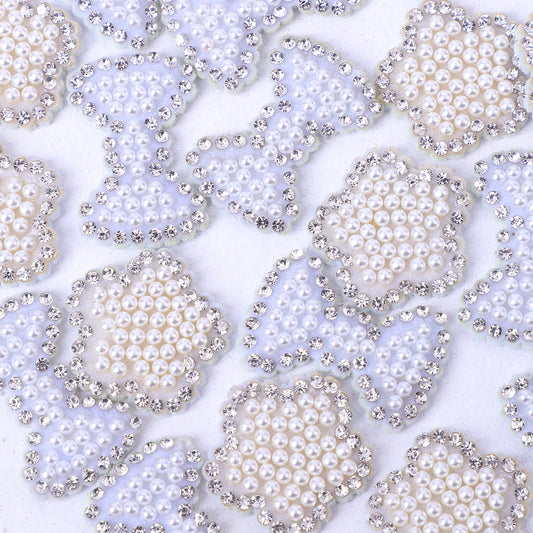 [A] White Rhinestone Pearl Flower Bow Tie Sticker DIY