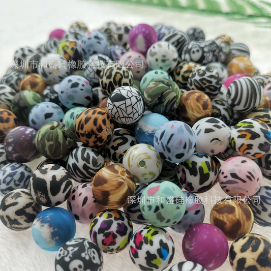 Color silicone water transfer beads leopard print skull camouflage food grade silicone beads